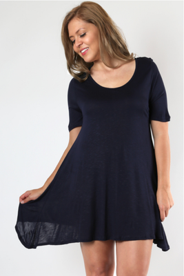plus size short sleeve swing dress Roaman's Plus Size Stretch Knit Pocket Swing Dress
