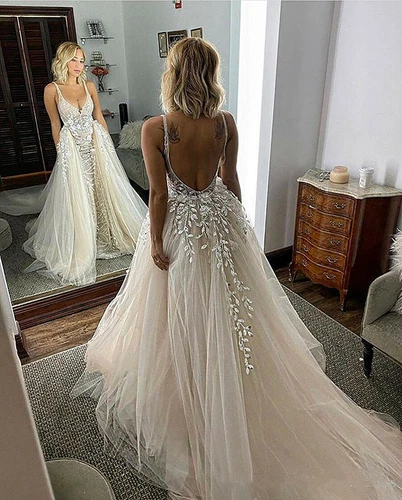 Champagne V Neck Lace Wedding Dresses with Detachable Train Backless Bridal Gown - Picture 3 of 14