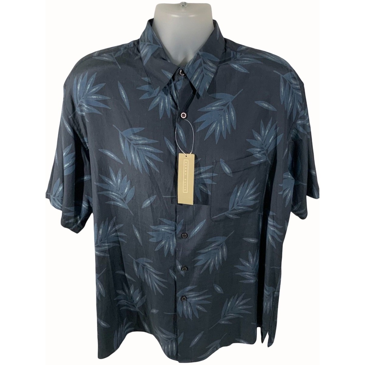 Perry Ellis Silk Blend Tropical Navy Button Down Shirt Short