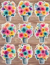 Bucket of Watercolor Flowers Vinyl Stickers Set Scrapbooking Laptop Waterbottle