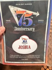 In N Out Burger 75th Anniversary Name Tag JOSHUA Brand New Sealed Rare