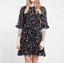 Ganni Elm Black Floral Georgette Mini Dress 3/4 Ruffle Sleeve Size 40
