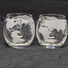 Godinger Etched Glass World Globe Whiskey Rocks Old-Fashioned Glasses Set of 2