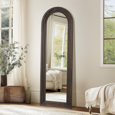 Rustic Wood Floor Full Length Mirror with Stand, 64''X21'' Farmhouse Arched Free S