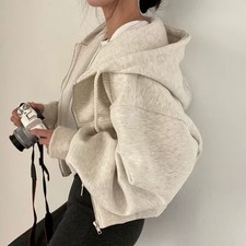 Womens Cropped Zip Up Hoodie Oversized Y2K St...
