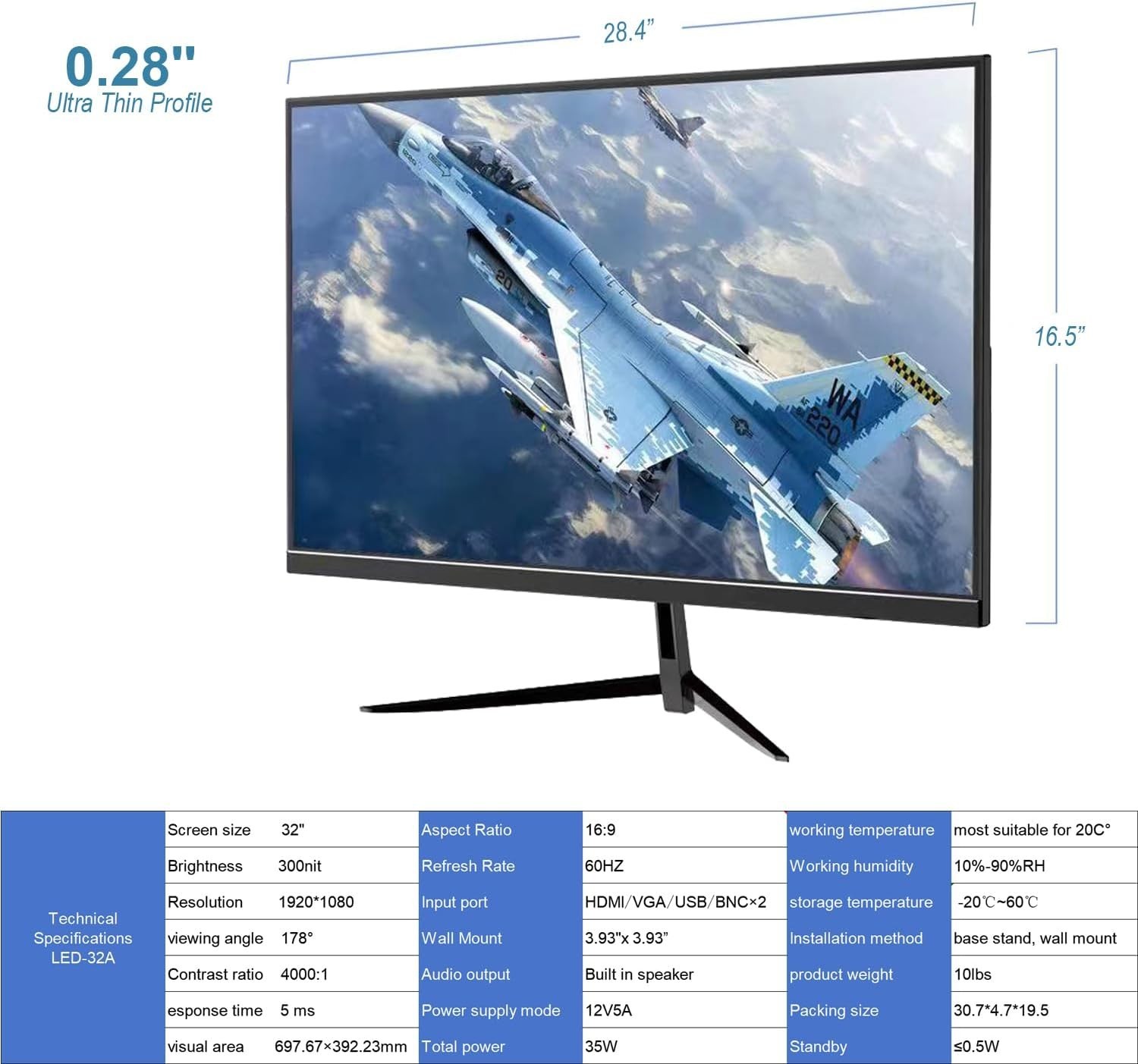 32 Inch FHD 1080P Thin LED Screen Computer Security Monitor 60Hz Refresh Rate