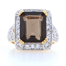 Sterling Smoky Quartz  Cubic Zirconia Halo Ring -925 Gold Plated 6.10ctw Size 6