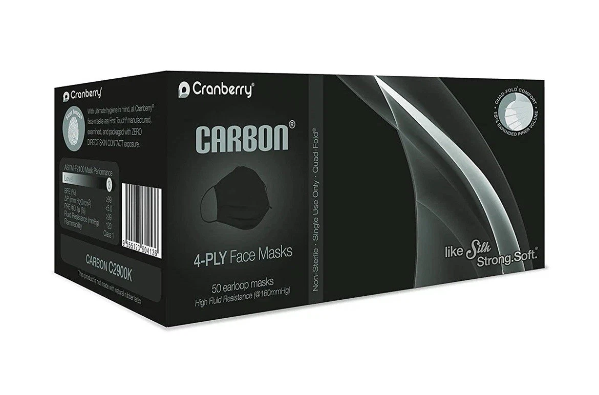 Lot Of 2 Cranberry C2900K Carbon Face Masks 4 Ply Fluid Resistant Black 50/Pk