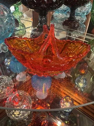 Fenton Amberina Daisy and Button Glass Basket with Handle Oval Glossy