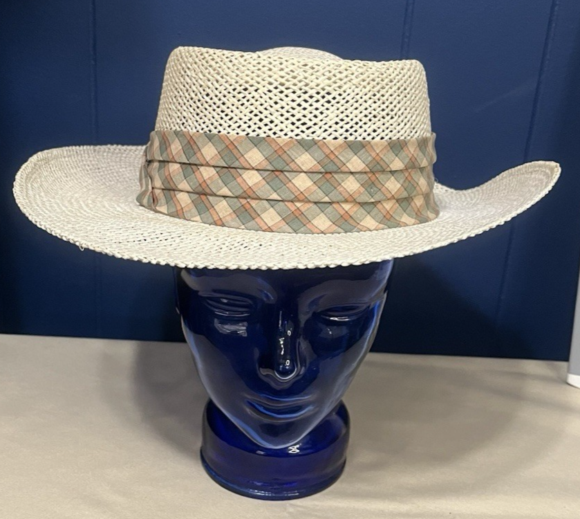 Men's Straw Gambler Hat One Size Made in USA Pleated Plaid Band Classic Golf