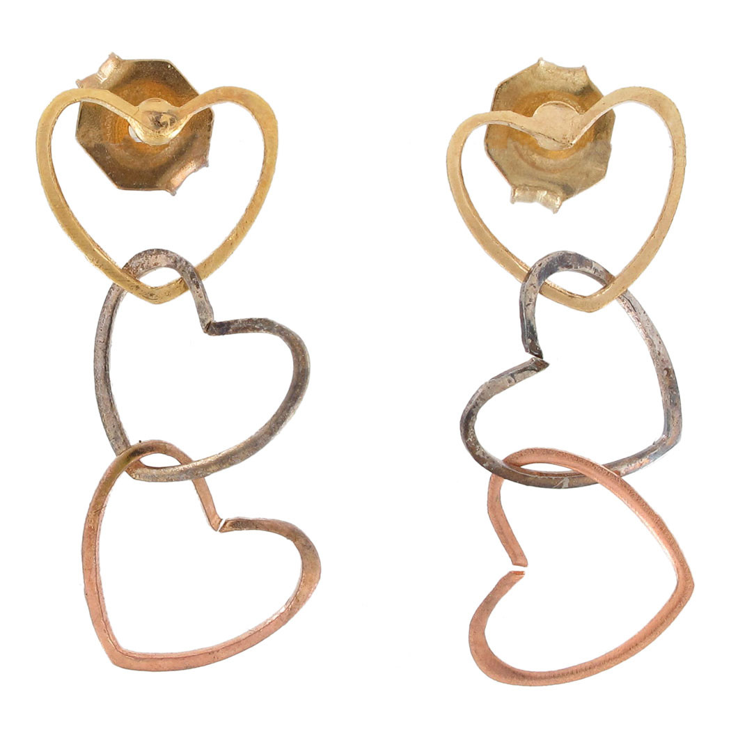 Delicate Tri-Tone Gold Silver Copper Heart Link Dangle Earrings Pierced 7/8"