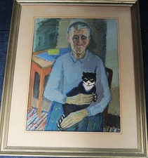 Carl Magnus Lindqvist 1884-1977, "Alte Frau mit Katze", Gouache, um 1950