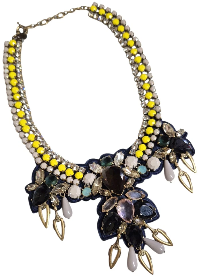 Collar J.Crew Cristal Colgante Tela Respaldo Azul Amarillo Multi Luz Oro Buey Foto 3 de 4