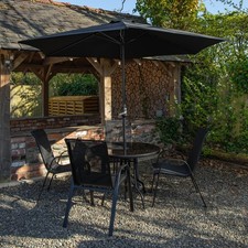 4 Person Round Glass Top Garden Table Chairs With Black Parasol and Base Set