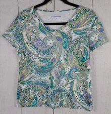 Croft Barrow Size Large Womens Multicolor Paisley Print Short Sleeve Cotton Top