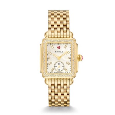 Michele Deco Mid Diamond Yellow Gold Plated MOP Diamond Dial Watch MWW06V000124