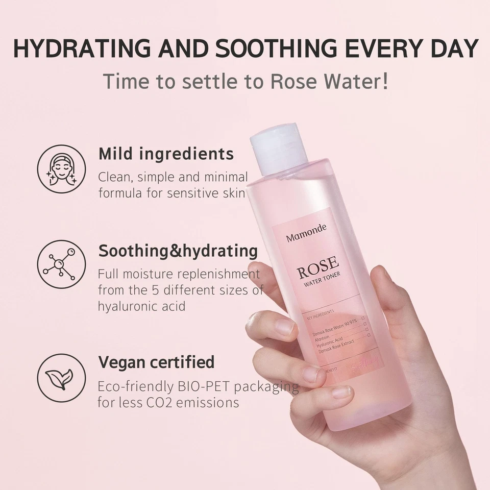 Tónico vegano de agua de rosas para rostro - 90,97 % agua de rosas pura, certificado orgánico, S... Foto 2 de 4