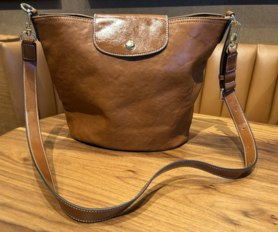 Women s Brown Shoulder Bag Adjustable Strap Snap Closure Contrast Stitch Silver