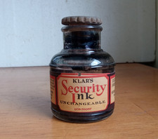 KLAR'S SECURITY INK NEW YORK LABELED 100 YR OLD INK BOTTLE WITH STOPPER
