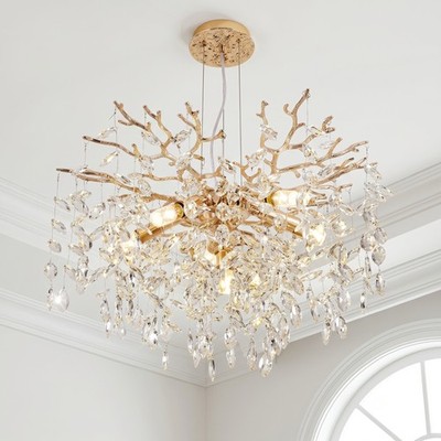 24'' Crystal Chandelier Modern Luxury Gold Tree Pendant 6 Light Kitchen Fixture