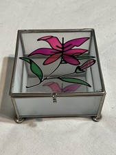 Vtg Jewerly Trinket Box Floral Stained Glass Style Mirrored W Footed Base