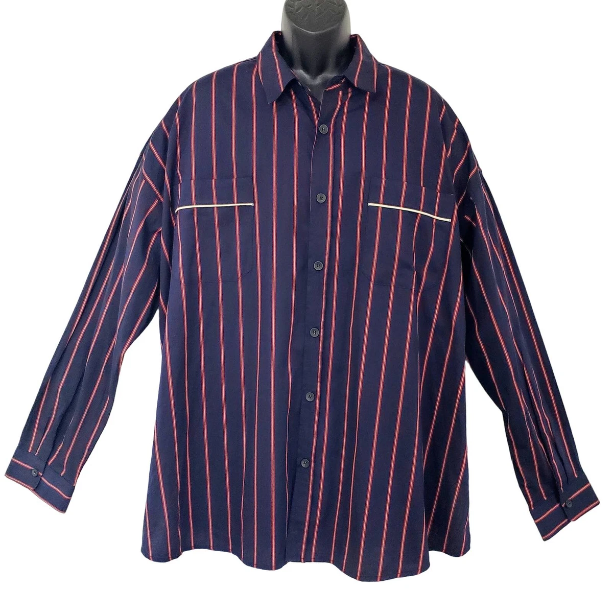 fear of godフィアオブゴッド長袖ストライプシャツ ネイビー×レッド Fear of God Long Sleeve Button-Up Casual Button-Down Shirts for