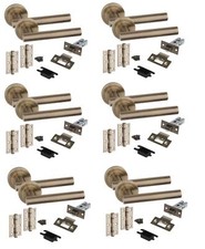 6 Set Straight T-Bar Door Handles Set Ball Bearing Hinges Latches Antique Brass