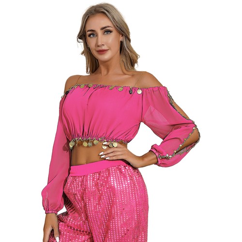 FEESHOW Women Belly Dance Tops Costume Puff Sleeve Loose Fit Crop Top AU - Picture 21 of 47