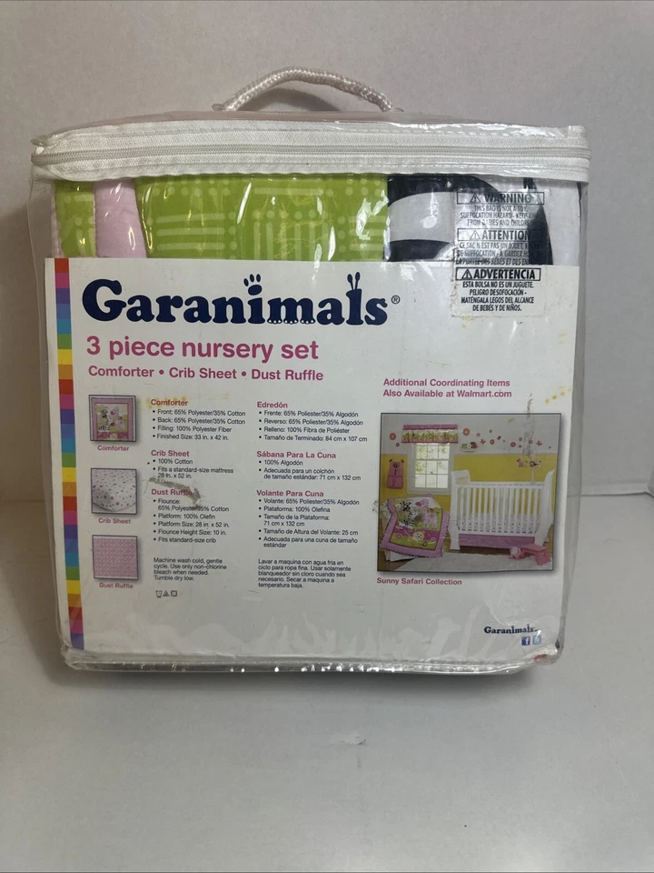Juego de 3 piezas de guardería rosa para niña Garannimal safari soleado edredón sábana con volantes Foto 2 de 2