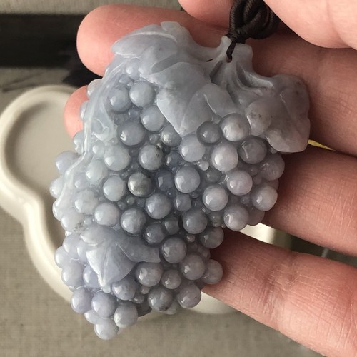 60mm Lavender Blue Jadeite Jade Carved Grape Pendant - Picture 6 of 10