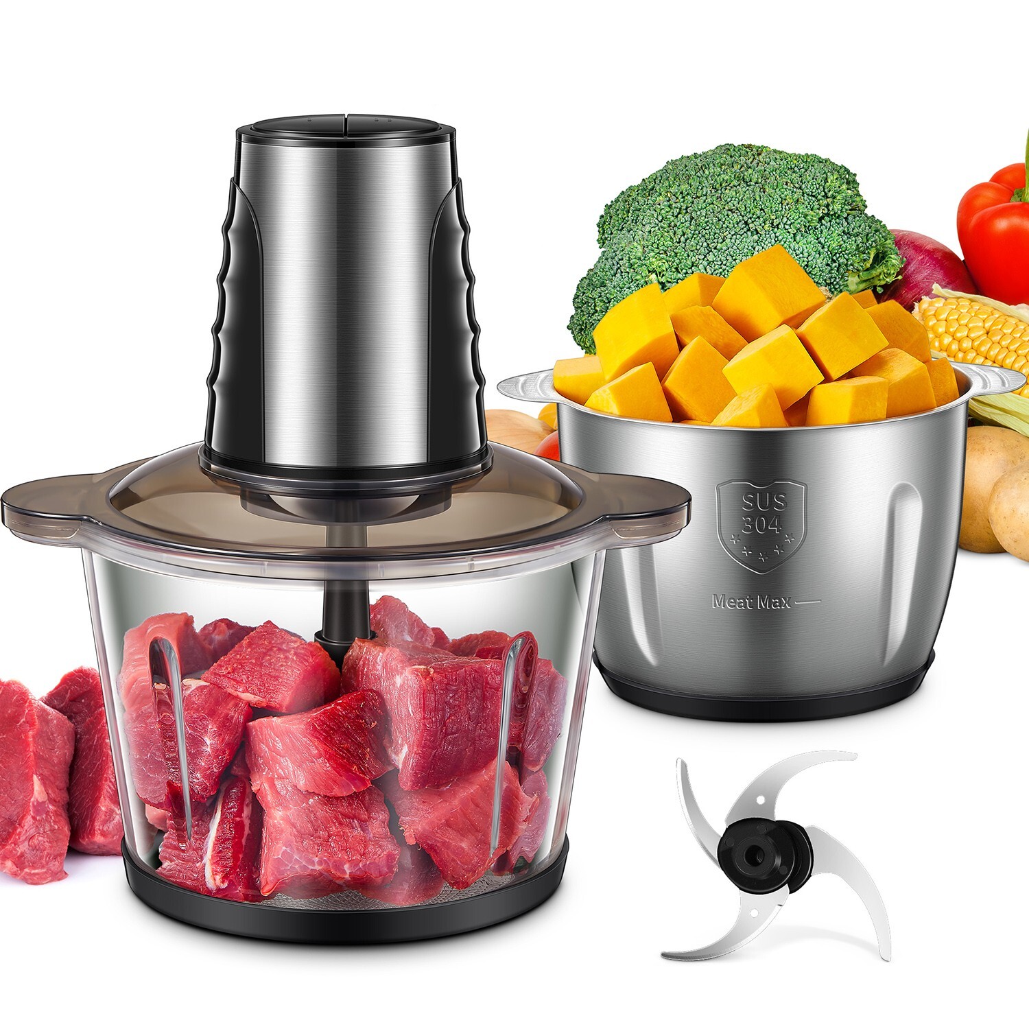 Food Processor, 2x 12-Cup Bowls, 500W Motor, 4 Blades