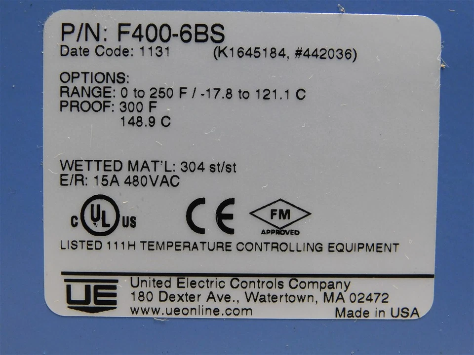 NEW United Electric F400-6BS Temperature Controller 300°F 148.9°C Proof 15A 480V - Image 4 of 4