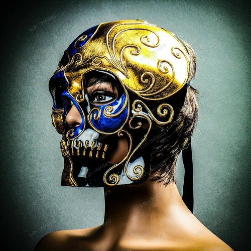 Venetian Mardi Gras Skull Full Face Mask - Blue Gold Black - Picture 2 of 6