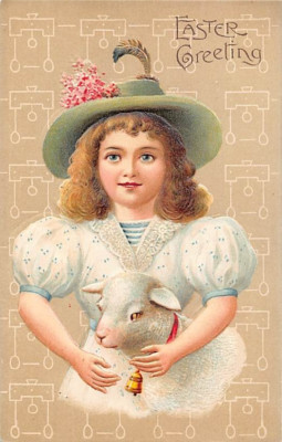 EMBOSSED EASTER PC ~ GIRL IN WHITE WITH GREEN HAT HOLDS LAMB, Pub A.S.B. 1910s