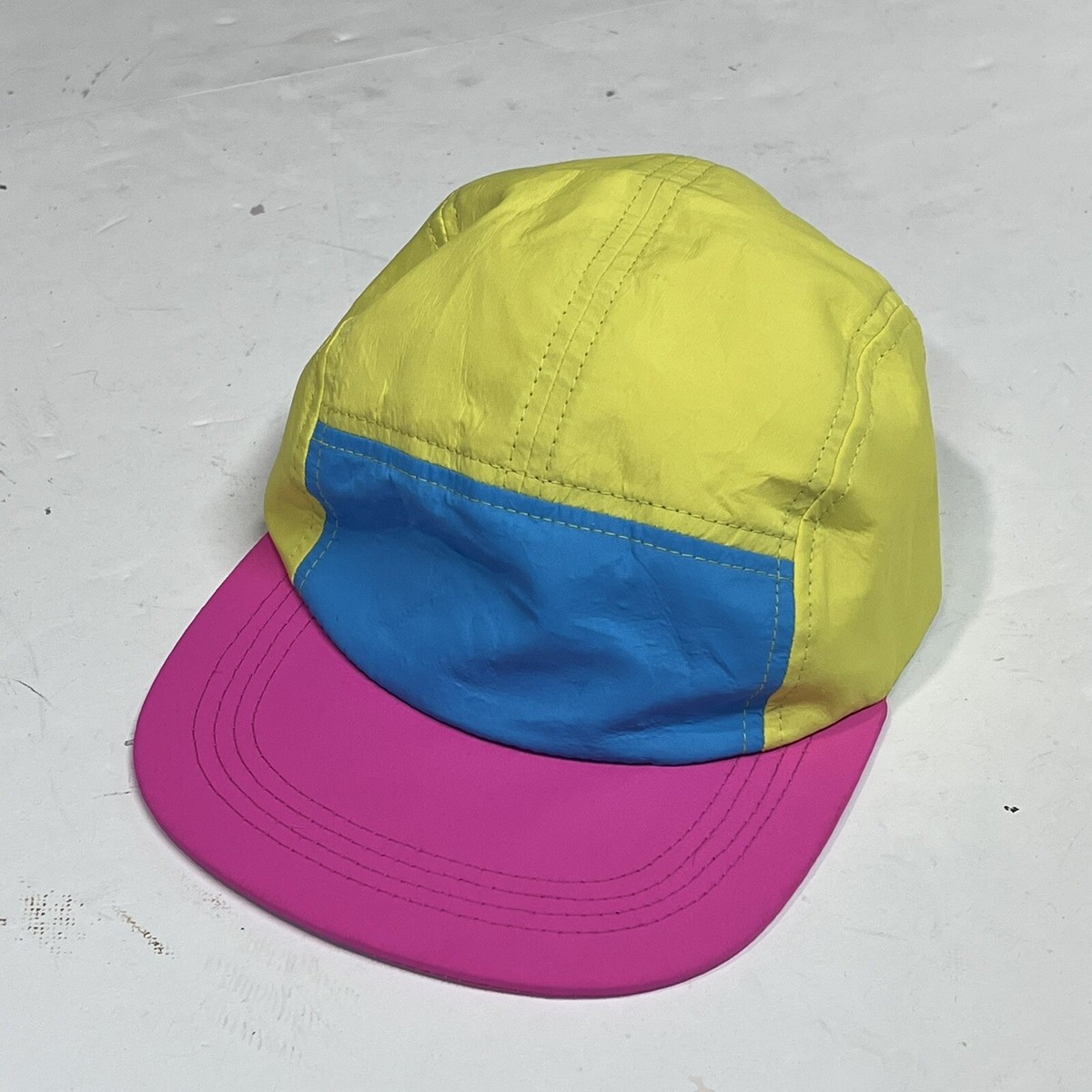 Vintage 5 Panel Colorful Nylon Baseball Hat Pink Blue Yellow 80s