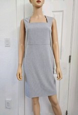 Ann Taylor Size 0 Square Neck Gray White Striped Cap Sleeve Sheath Dress New