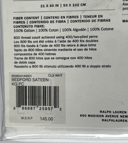 RALPH LAUREN KING Pillowcases Pair WHITE Bedford Sateen 800 Thread count New - Picture 4 of 5
