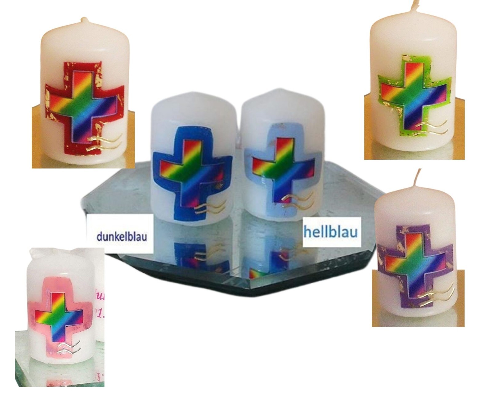 Motivkerze,Gastgeschenk,Tischdekoration-Regenbogenkreuz Taufe,Kommunion 62x40mm