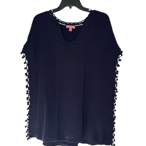 Lilly Pulitzer Keating Blue V-Neck Sweater Poncho With Pom-Pom Trim Size S - Picture 3 of 15