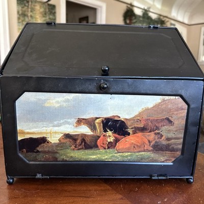 Vintage Home Bread Box Bread,Cake,Pie  Cabinet Black Rustic Pastoral Scene 2 Lid
