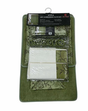 18 Piece Bath Rugs, Shower Curtain, Hooks, Towel Set Sage Green