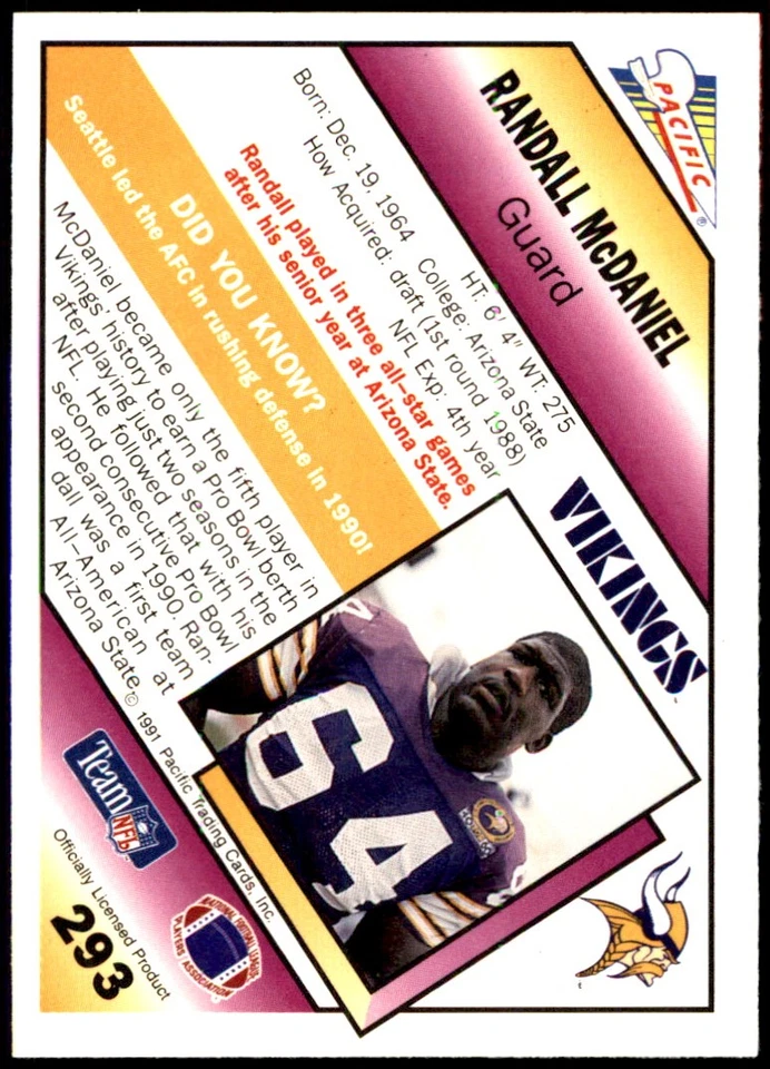 Randall McDaniel 1991 Pacific #293 Vikings NFL READ FREE SHIPPING AutographDen - Image 2 of 2