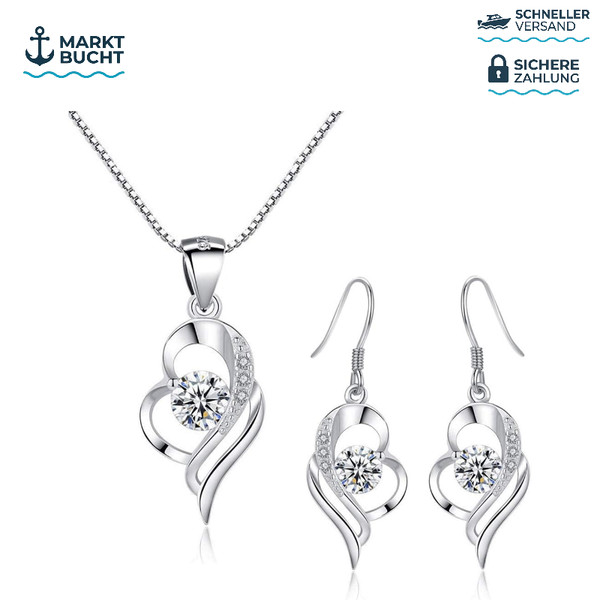 Schmuckset 925 Sterling Silber Herz Halskette 45Cm Ohrringe Zirkonia Damen-image