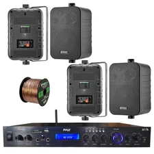 Home Amplified Bluetooth MP3 Receiver, 4x 4" Box Black Speakers, 16-G 50 Ft Wire