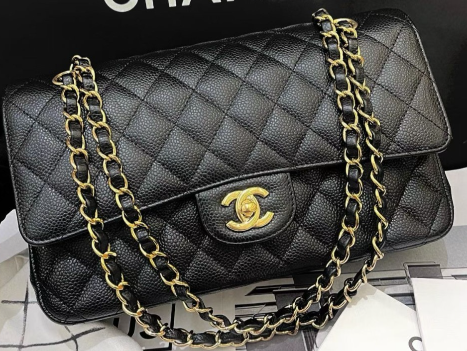 Chanel Classic Flap MM Calfskin Diamond Chain Shoulder Bag Black Gold Women