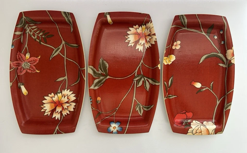 6 Deep Red Floral Plastic Match Mates Intl. Laminations Plates Boho Oriental - Image 3 of 4