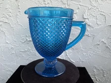 VISTA ALEGRE Portugal Bicos Diamond Blue Glass Footed Pitcher (H: 8”)