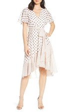 Eliza J Polka Dot Chiffon Faux Wrap Dress Women 14 Pink Wedding Guest Spring