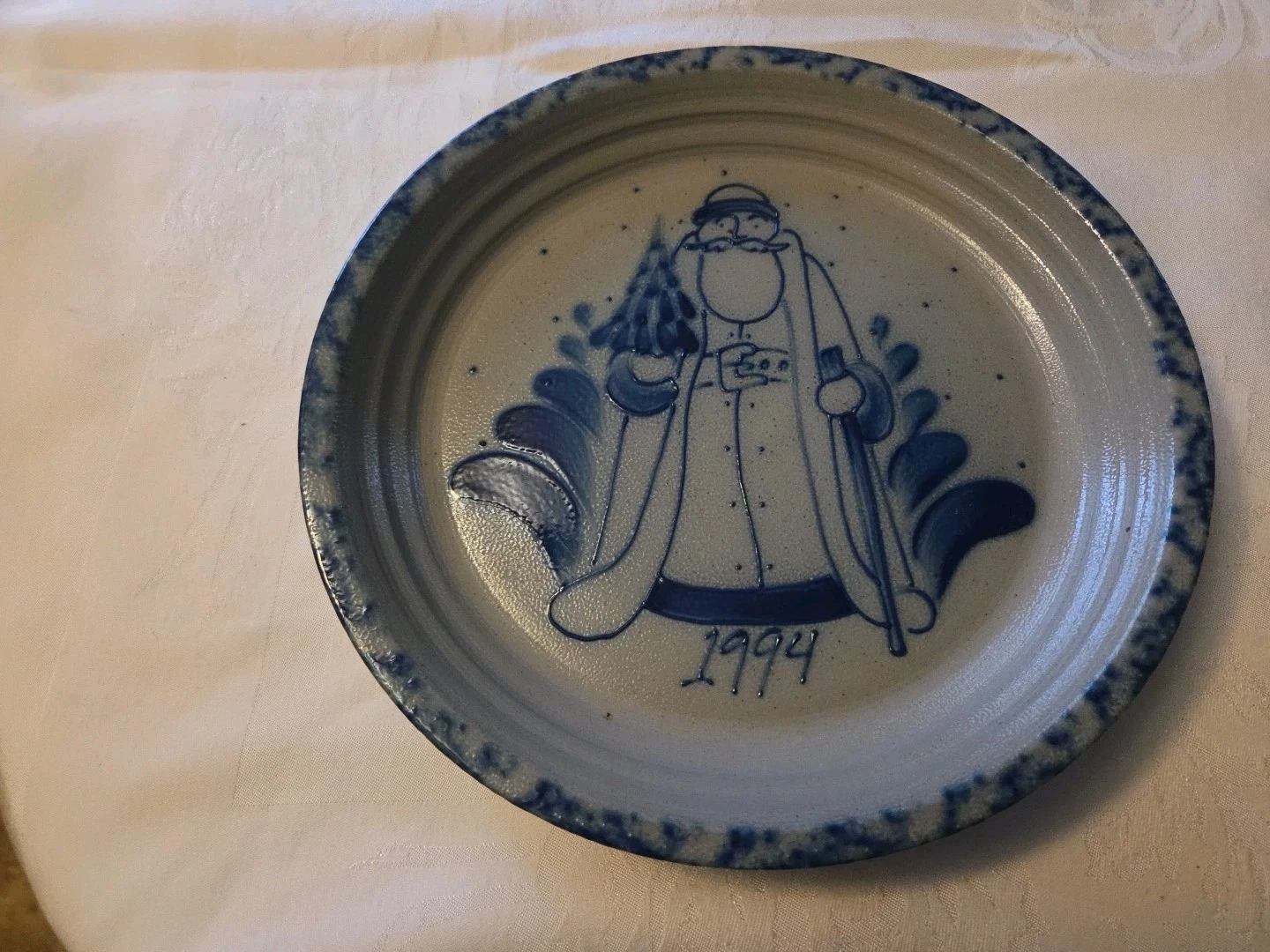 1994 Eldreth Pottery Cobalt Salt Glaze Santa Pie Plate Signed Display model
