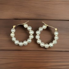 Ross-Simons 4-5mm Freshwater Pearl Hoop Earrings 14kt Gold 7/8” ~ NWT